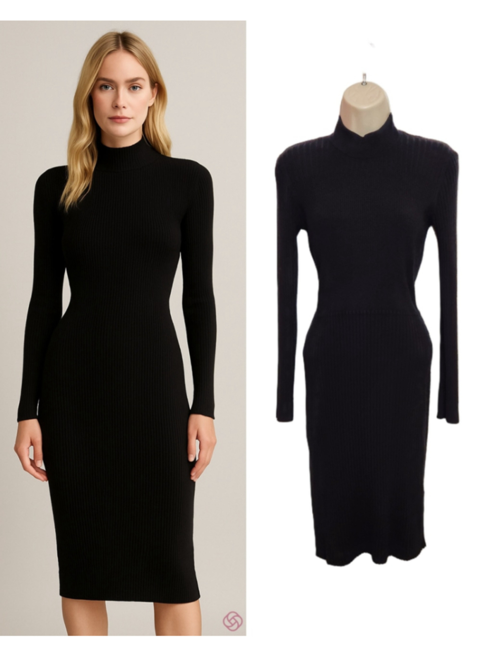 Calvin Klein Black Ribbed Mock Neck Fitted Bodycon Midi Sweater Dress Medium